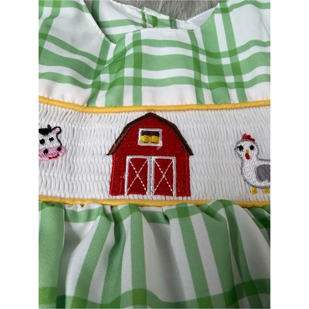 green plaid smocked baby bubble romper farm animal embroidery size 3-6 months